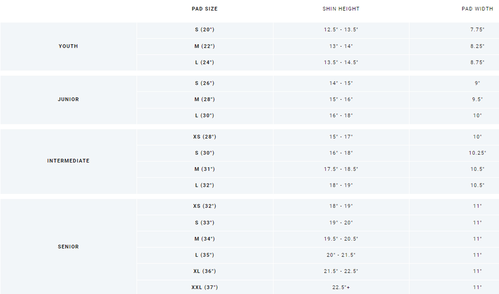 Bauer Vapor Goalie Pad Sizing Chart